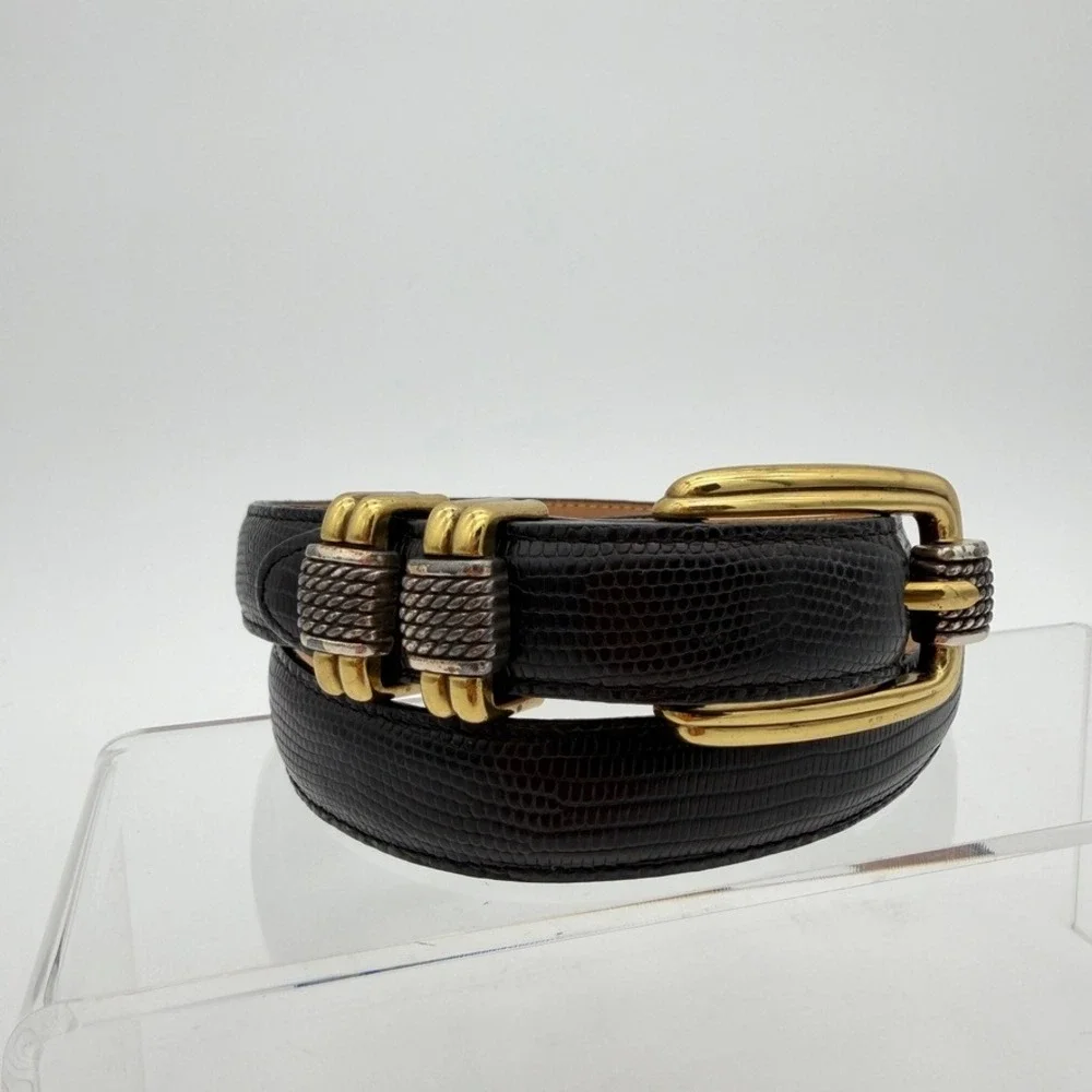 Brighton Black Lizard Embossed Leather Belt S 26-30 Gold Silver USA